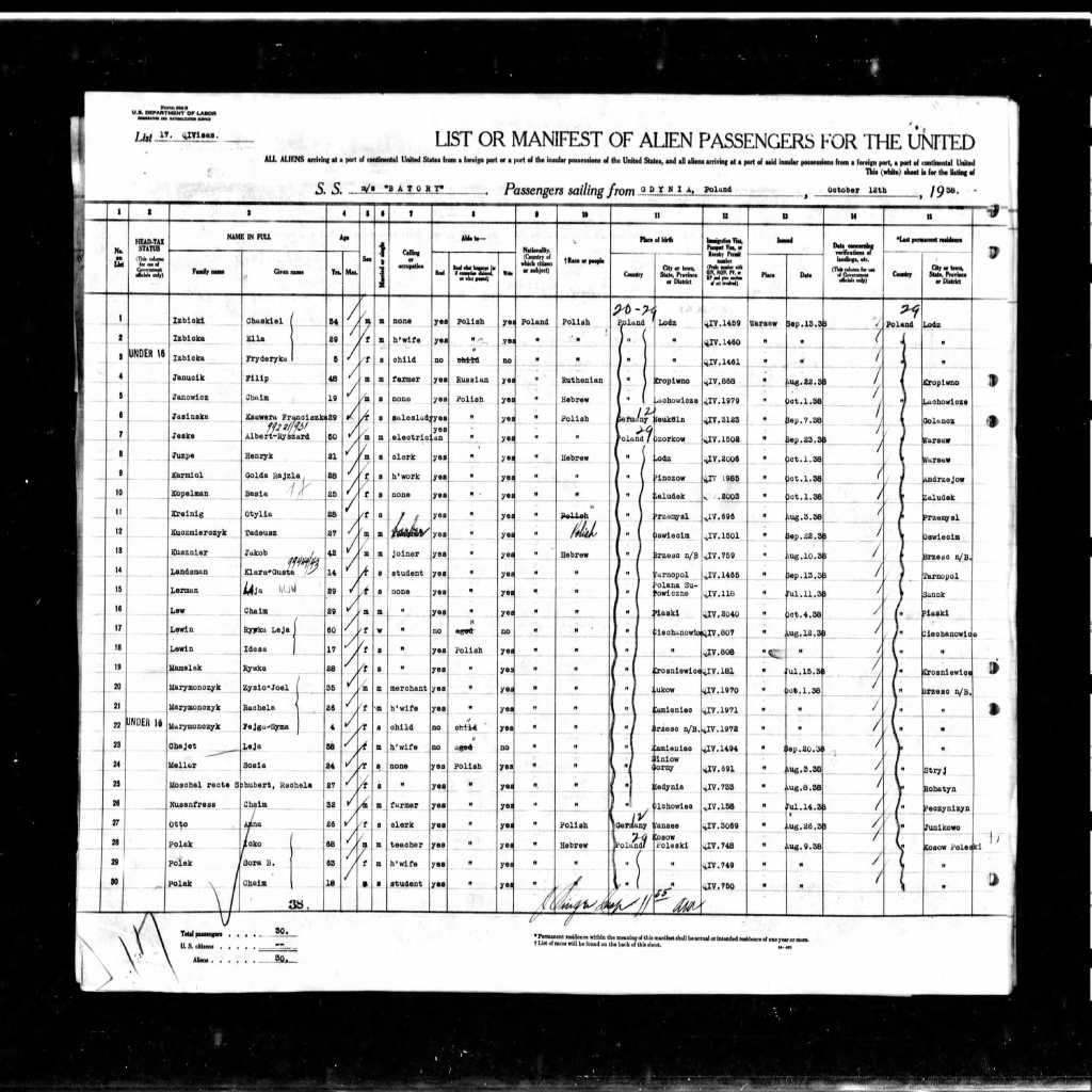 Ship manifest for Rachel Moschel page 1